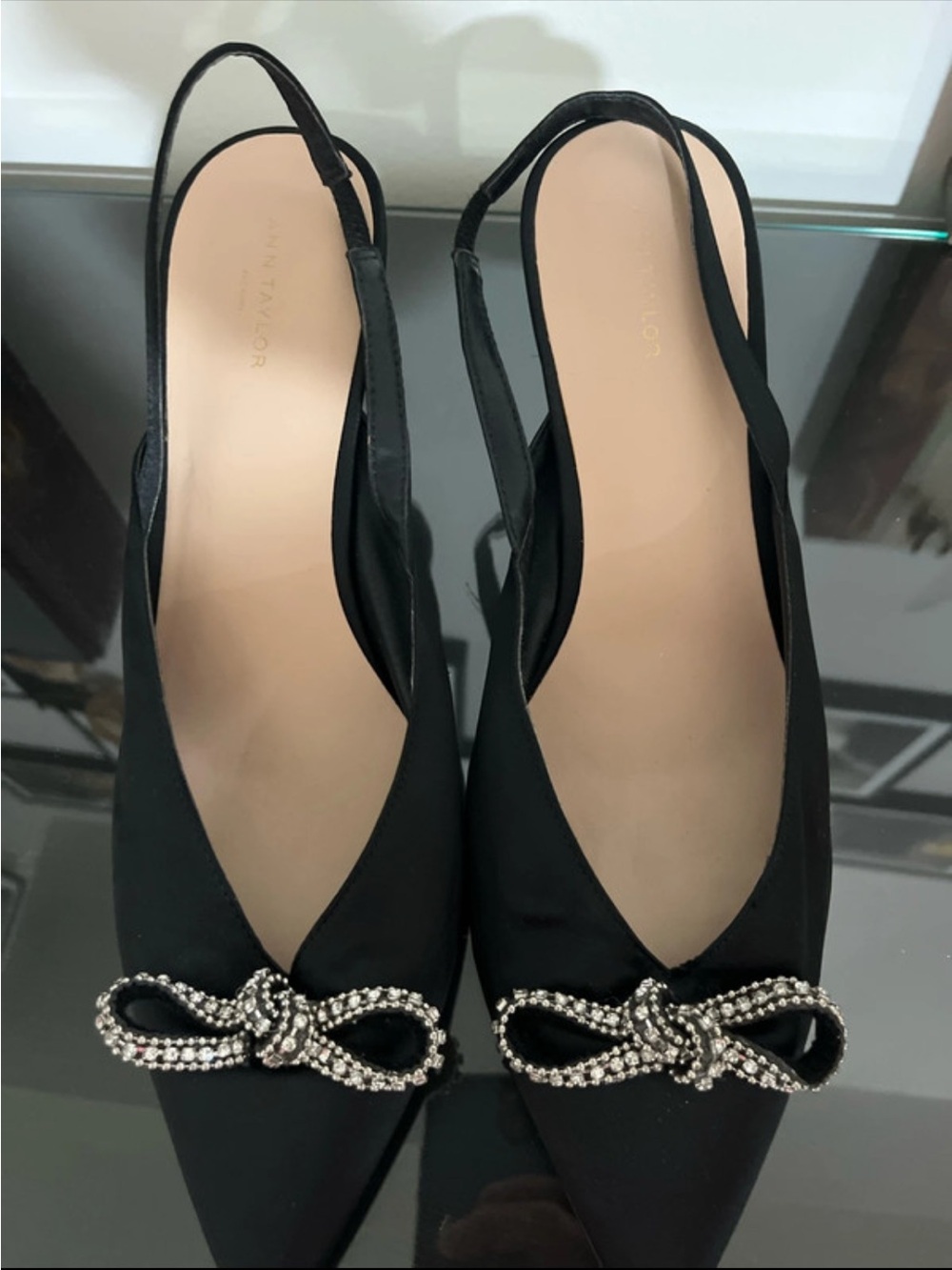 Ann Taylor factory Black Satin Slingback Pointed Flats with Crystal Bow Accent